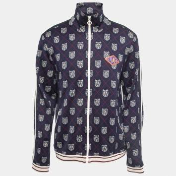 Gucci Navy Blue Tiger Patterned Cotton Knit Zip Front Jacket XXL