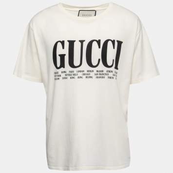 Pre Owned Gucci Cream Logo Cities Print Cotton Crew Neck T-Shirt 3XL