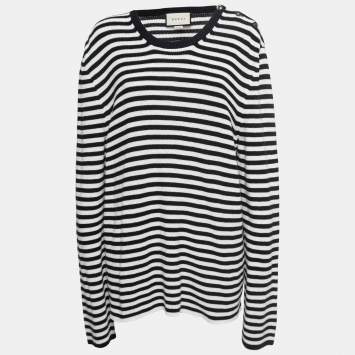 Pre Owned Gucci Navy Blue/White Striped Cotton Knit Sweater L