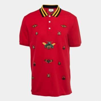 Pre Owned Gucci Red Cotton Pique Insects Embroidered Polo T-Shirt 3XL