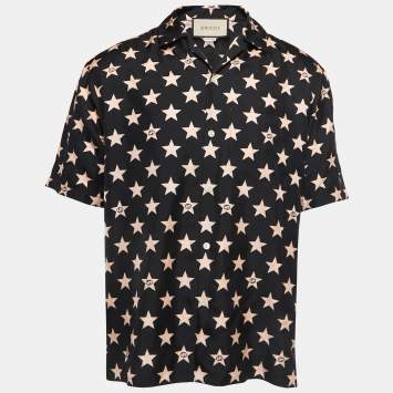 Pre Owned Gucci Black Star Printed Silk Short Sleeve Shirt M