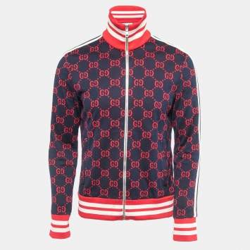 Pre Owned Gucci Navy Blue GG Jacquard Cotton Knit Zip Front Jacket M