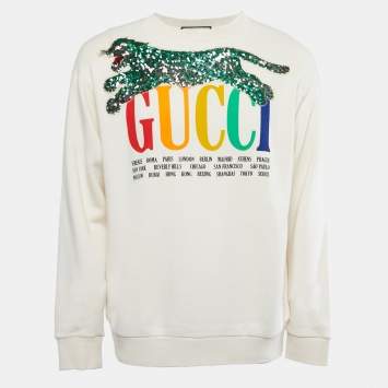 Pre Owned Gucci Cream Cotton Logo Embroidered Sweatshirt M