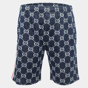 Pre Owned Gucci Navy Blue GG Pattered Cotton Side Stripe Shorts M
