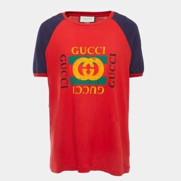 Pre Owned Gucci Red Printed Cotton Logo T-Shirt XL