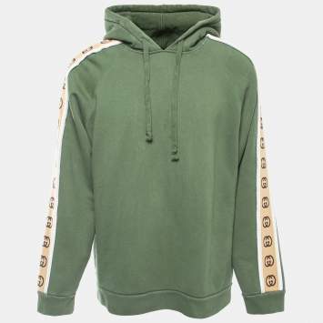 Pre Owned Gucci Green Cotton Logo Tape Detail Hooded Sweatshirt XL