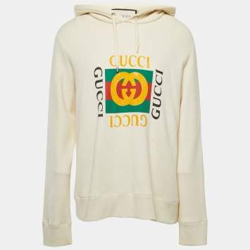 Pre Owned Gucci Cream Logo Print Cotton Hoodie L