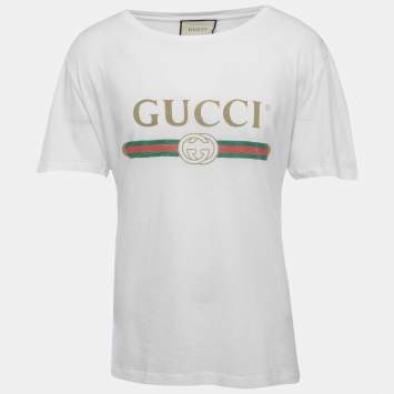 Pre Owned Gucci White Washed Logo Print Cotton Half Sleeve Relaxed Fit T-Shirt L