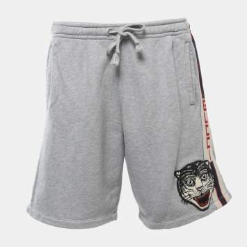 Pre Owned Gucci Grey Cotton Tiger Patch Detailed Drawstring Shorts L