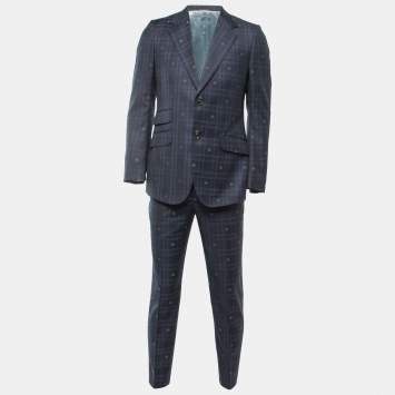 Pre Owned Gucci Navy Blue Bee Patterned Plaid Wool Suit M
