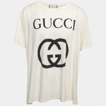 Pre Owned Gucci Off-White Logo Print Cotton Half Sleeve T-Shirt 3XL