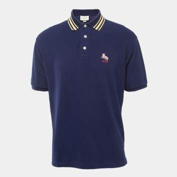 Pre Owned Gucci Navy Blue Cat Logo Embroidered Cotton Pique Polo T-Shirt L
