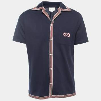 Pre Owned Gucci Navy Blue Logo Embroidered Cotton Pique Web Detailed Button Front Polo T-Shirt M