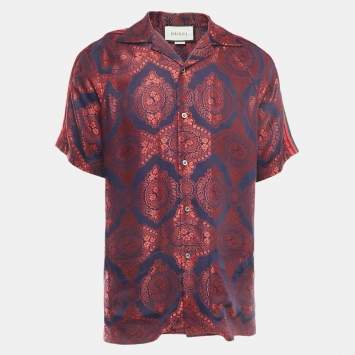 Pre Owned Gucci Red Jacquard Stripe Detailed Button Front Half Sleeve Shirt S