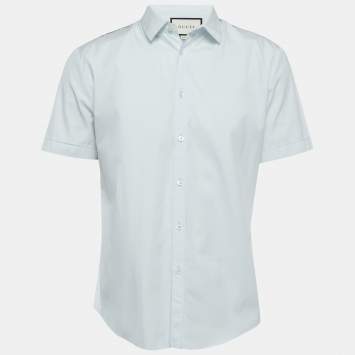Pre Owned Gucci Light Blue Cotton Tiger Print Silk Insert Button Front Half Sleeve Shirt L