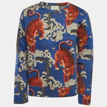 Pre Owned Gucci Blue Bengal Print Cotton Crew Neck Sweatshirt M