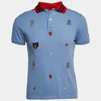 Pre Owned Gucci Blue Embroidered Cotton Pique Polo T-Shirt M