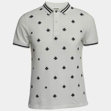 Pre Owned Gucci White Bee Embroidered Cotton Pique Polo T-Shirt M