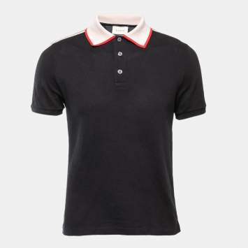 Pre Owned Gucci Black Cotton Pique Logo Stripe Detailed Polo T-Shirt M