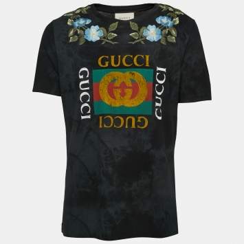 Pre Owned Gucci Black Flower Embroidered Print Distressed Cotton Crew neck Half Sleeve T-Shirt M