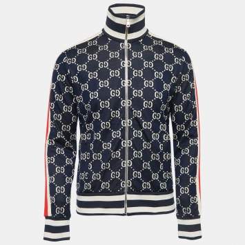 Gucci Navy Blue  GG Patterned Cotton Knit Zip Front Jacket M
