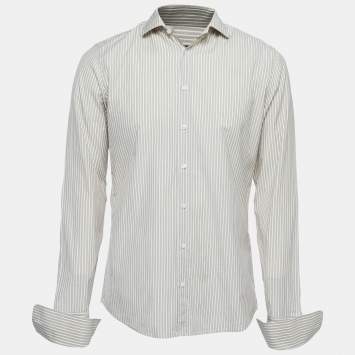 Pre Owned Gucci Beige Pinstripe Cotton Button Front Double Cuff Shirt M