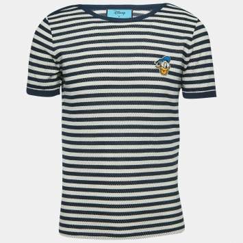 Pre Owned Gucci X Disney Navy Blue Striped Cotton Embroidered Patch Half Sleeve T-Shirt L