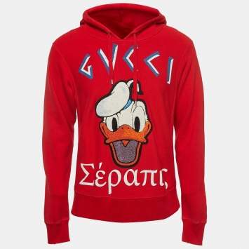 Pre Owned Gucci Red Distressed Cotton Donald Duck Patch Hoodie XS