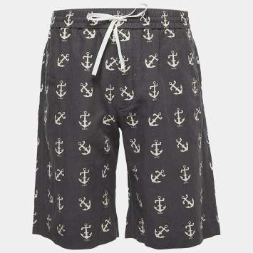 Pre Owned Gucci Dark Grey Anchor Print Linen Blend Drawstring Shorts M