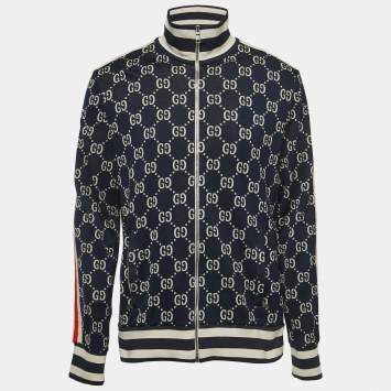 Pre Owned Gucci Navy Blue All-Over Logo Print Jersey Track Jacket 2XL