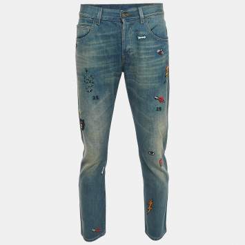 Pre Owned Gucci Blue Washed & Embroidered Denim Jeans L Waist 34"