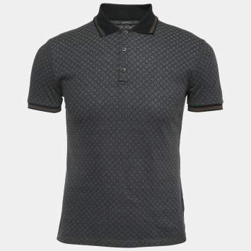 Pre Owned Gucci Black Patterned Cotton Web Stripe Detailed Polo T-Shirt XS