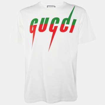 Pre Owned Gucci Off-White Blade Logo Printed Cotton Knit T-Shirt M