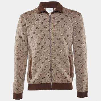 Pre Owned Gucci Brown GG Jacquard Wool Knit Bomber Jacket S