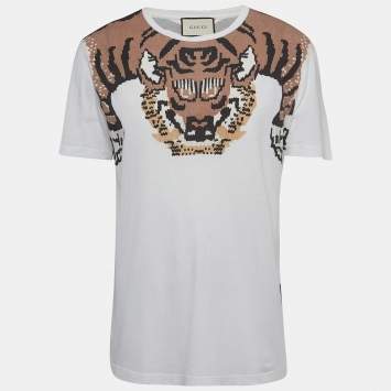 Pre Owned Gucci White Tiger Print Cotton Crew Neck T-Shirt M