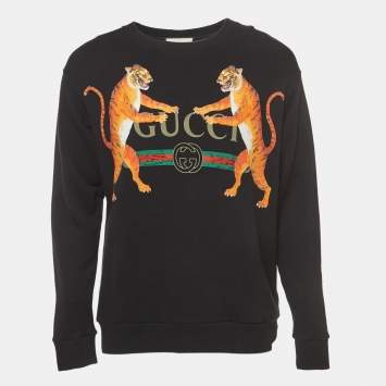 Gucci Black Logo Tiger Printed Cotton Knit Sweatshirt S