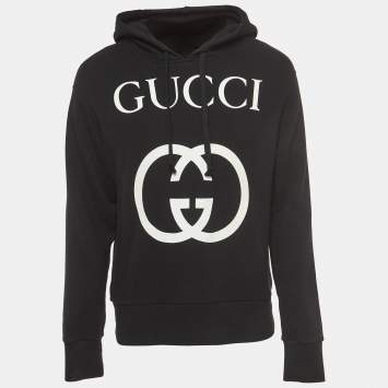 Gucci Black Logo Printed Cotton Knit Hooded Sweatshirt XS