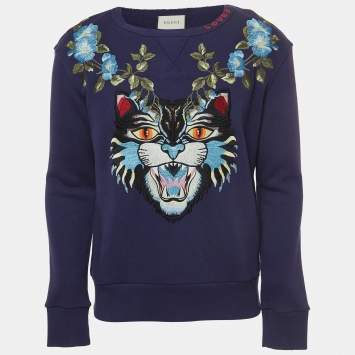 Gucci Blue Embroidered Cotton Crewneck Sweatshirt XS