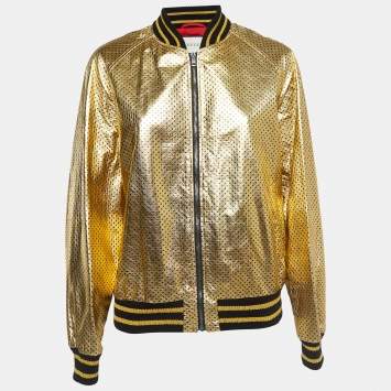 Gucci Gold Metallic Stars Print Crinkle Leather Bomber Jacket XS