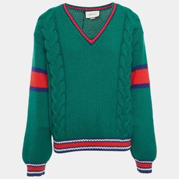 Pre Owned Gucci Green Wool Cable Knit V-Neck Sweater L