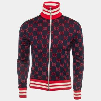 Gucci Navy Blue GG Jacquard Cotton Knit Zip Front Jacket XS