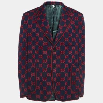 Pre Owned Gucci Navy Blue/Red Jacquard Knit Blazer 3XL