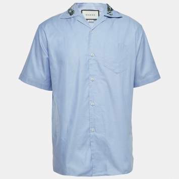 Gucci Blue Embroidered Cotton Short Sleeve Shirt L