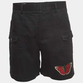 Pre Owned Gucci Black Butterfly Embroidered Cotton Cargo Short XL