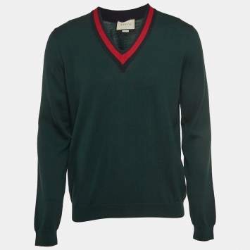 Pre Owned Gucci Green Wool Web Detail V-Neck Jumper XL