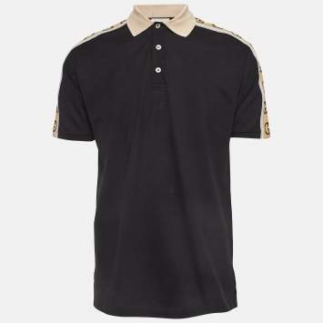 Pre Owned Gucci Black Knit Logo Detail Half Sleeve Polo T-Shirt L