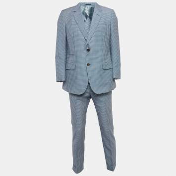 Pre Owned Gucci Blue Gingham Check Mohair Singled Breasted Suit XXL/L