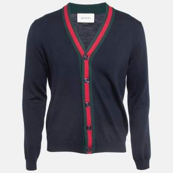 Pre Owned Gucci Navy Blue Web Striped Rib Knit Buttoned Cardigan XL