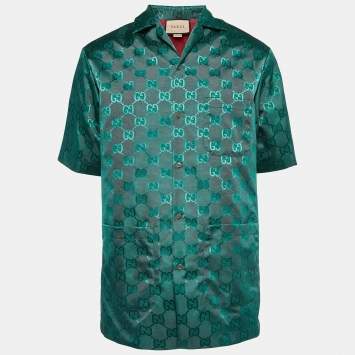 Pre Owned Gucci Green GG Jacquard Nylon Bowling Shirt S