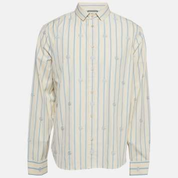Pre Owned Gucci White/Blue Striped GG Embroidered Cotton Long Sleeve Shirt XXL